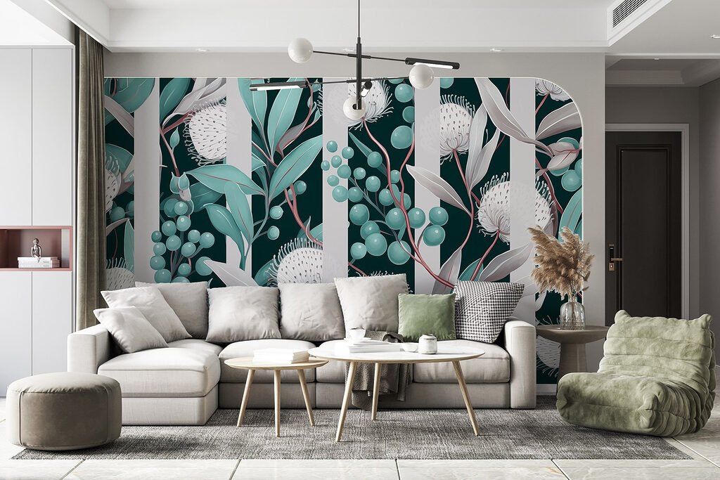 Bloemschermen tussen gestreepte stelen — interieur 4