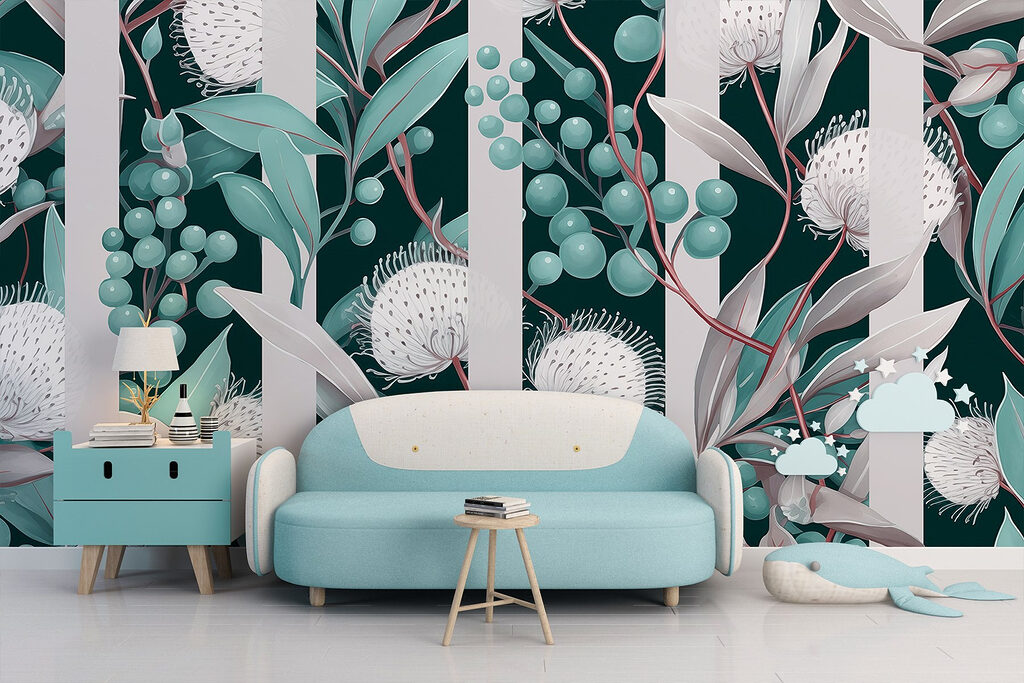 Bloemschermen tussen gestreepte stelen — interieur 5