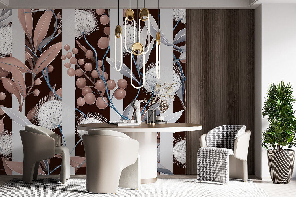 Bloemschermen tussen gestreepte stelen — interieur 3