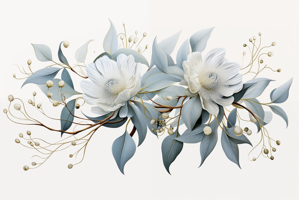 Witte bloemen, gouden takjes — volledig ontwerp
