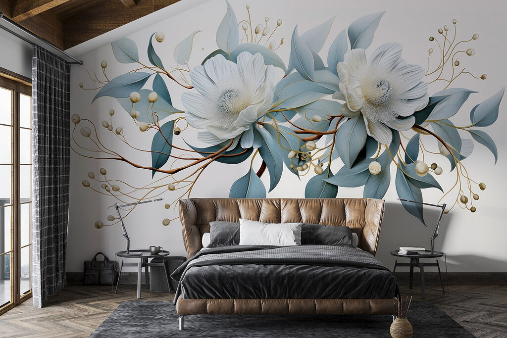 Witte bloemen, gouden takjes — interieur 1