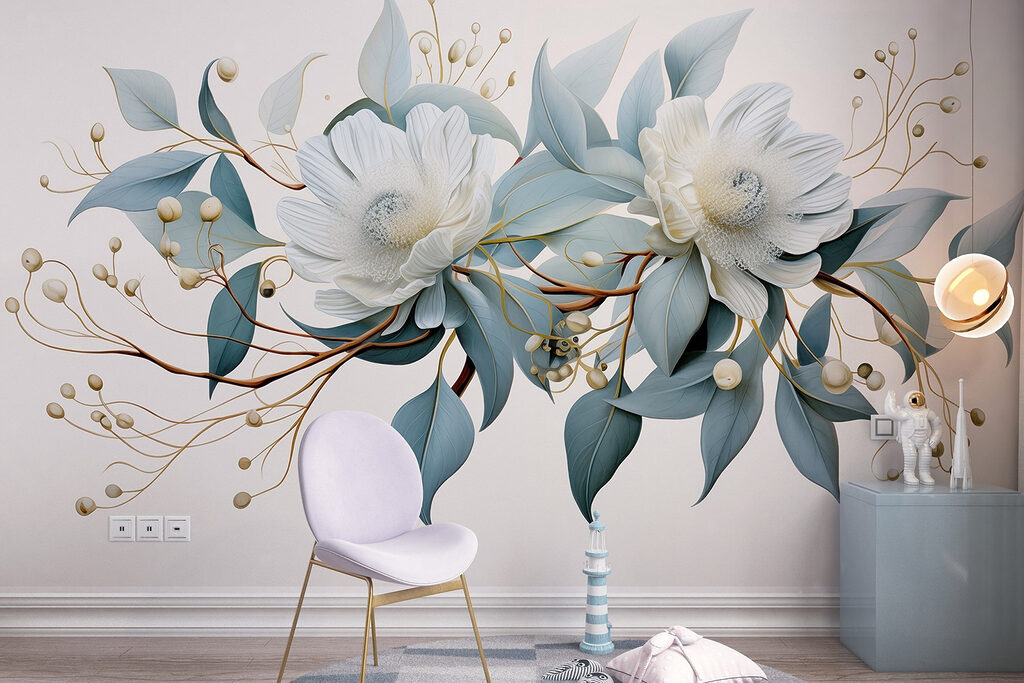 Witte bloemen, gouden takjes — interieur 3