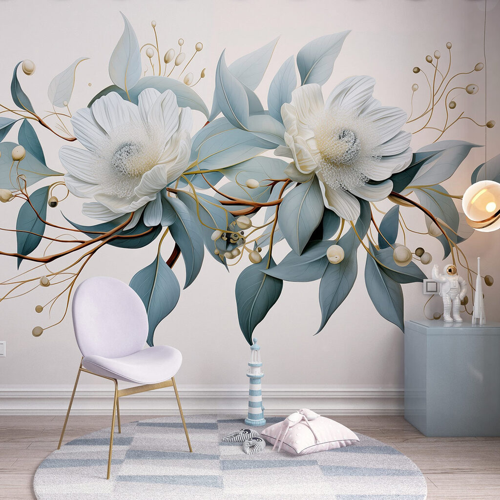 Witte bloemen, gouden takjes — interieur 4