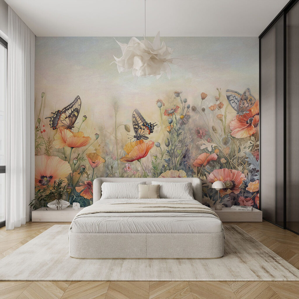 Vlinders boven geschilderde klaprozen — interieur 2