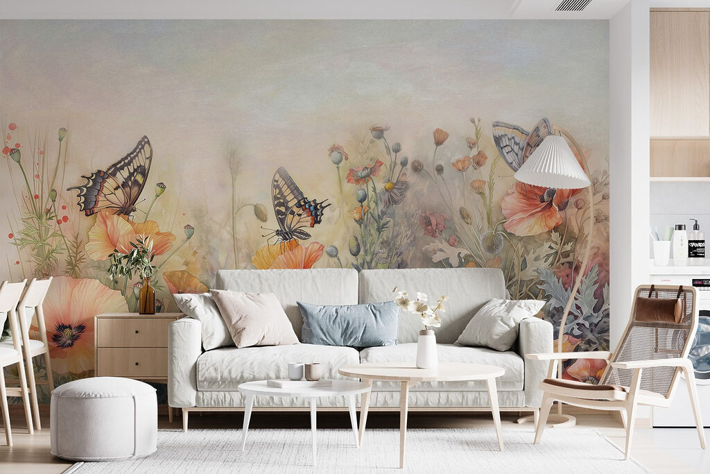 Vlinders boven geschilderde klaprozen — interieur 3