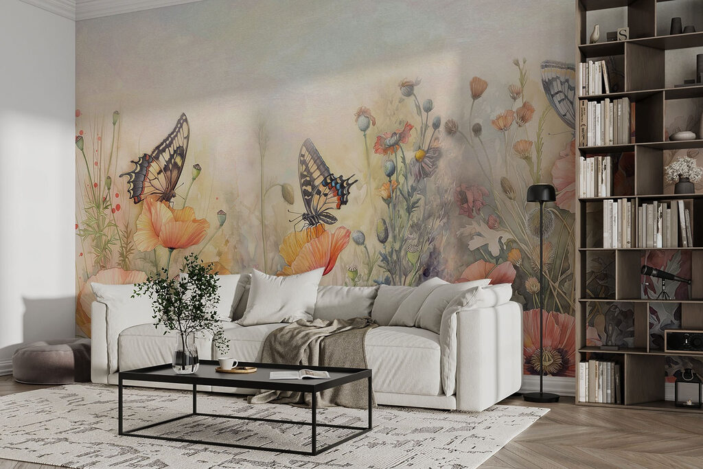 Vlinders boven geschilderde klaprozen — interieur 4