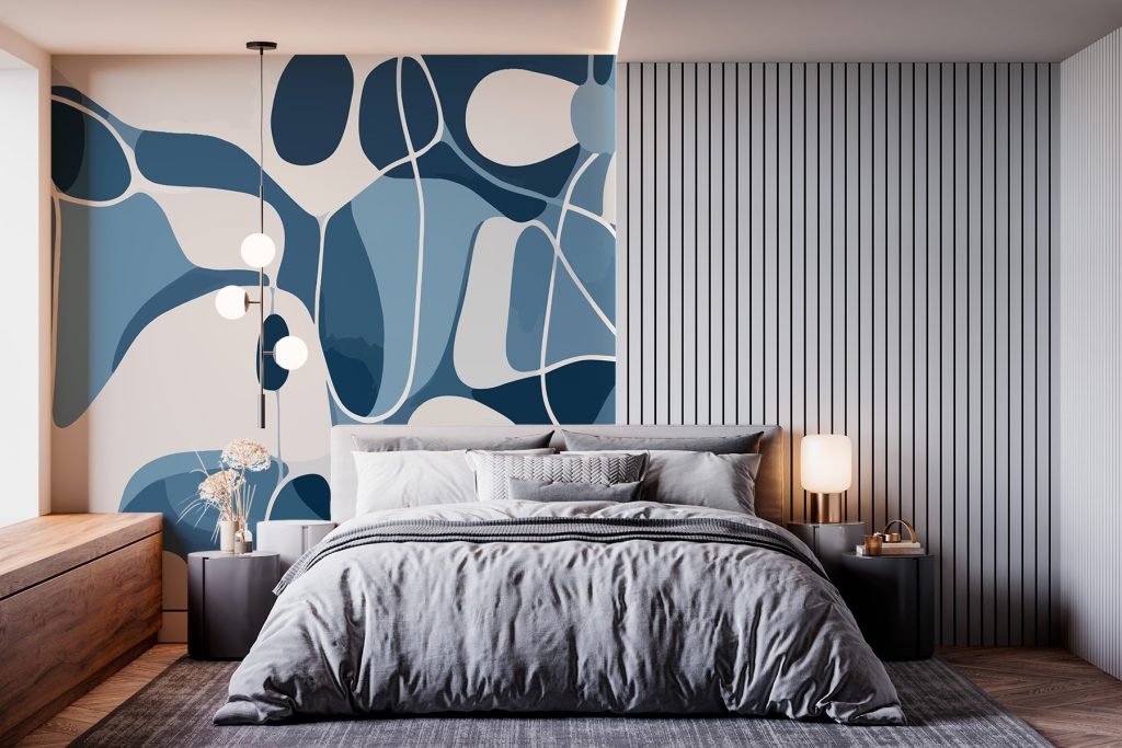 Blauwe vormen, witte krabbels — interieur 1