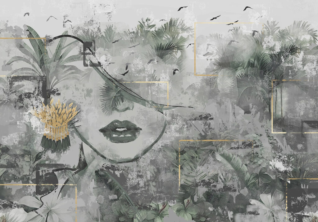 Schilderij van een vrouw’s gezicht en planten — volledig ontwerp