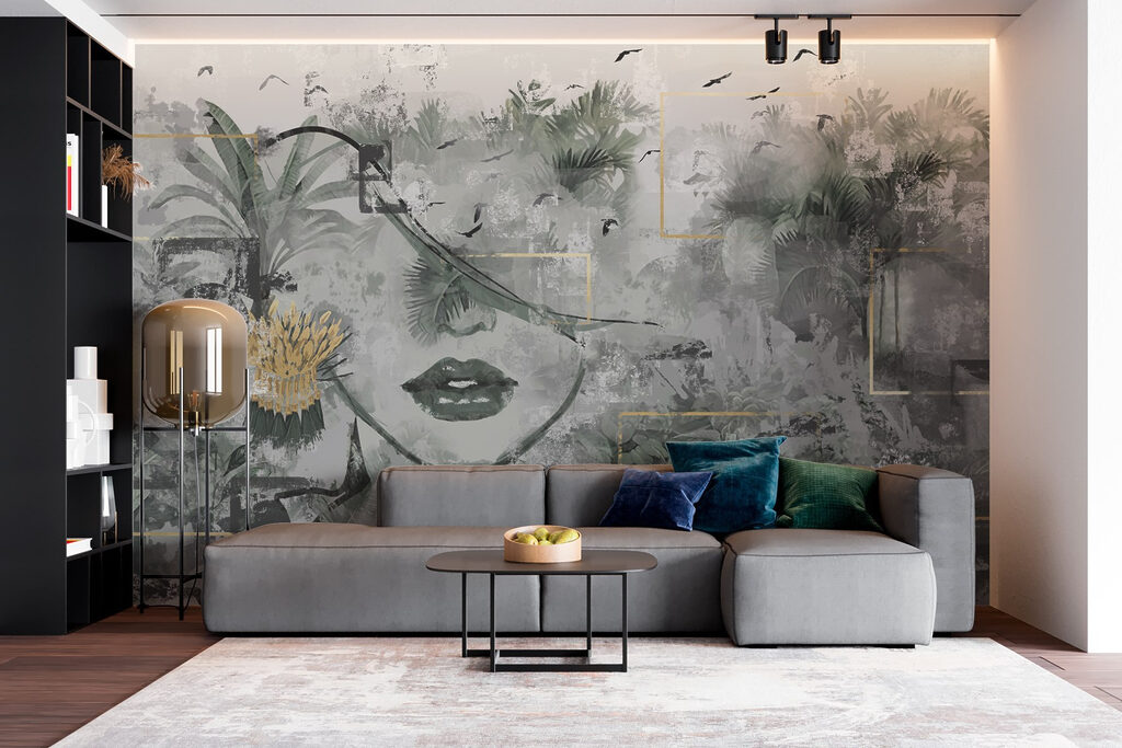 Schilderij van een vrouw’s gezicht en planten — interieur 1