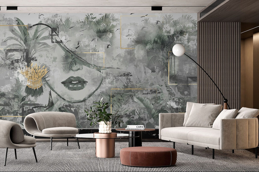 Schilderij van een vrouw’s gezicht en planten — interieur 3