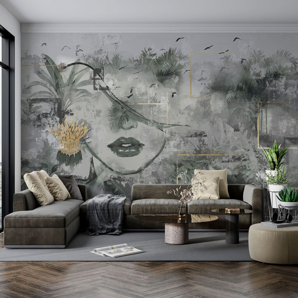Schilderij van een vrouw’s gezicht en planten — interieur 4