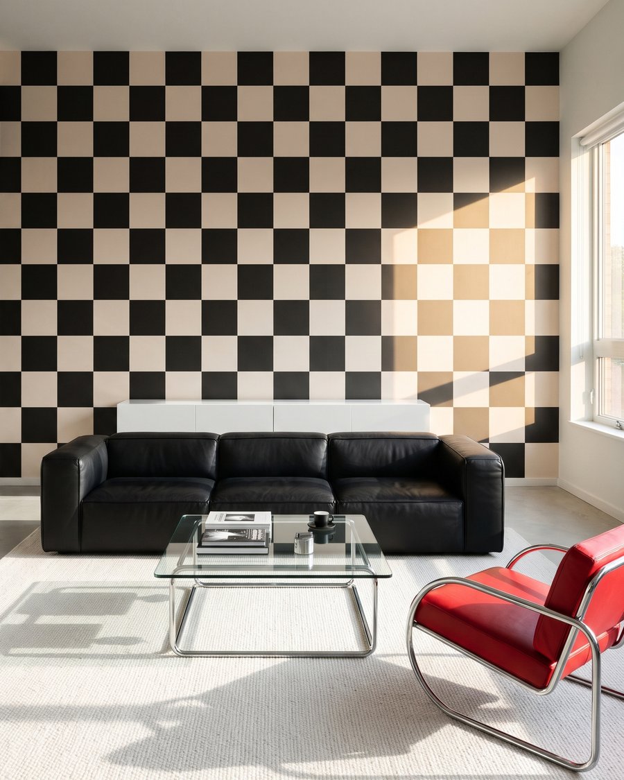 Ruitjes in contrasterende kleuren in een interieur