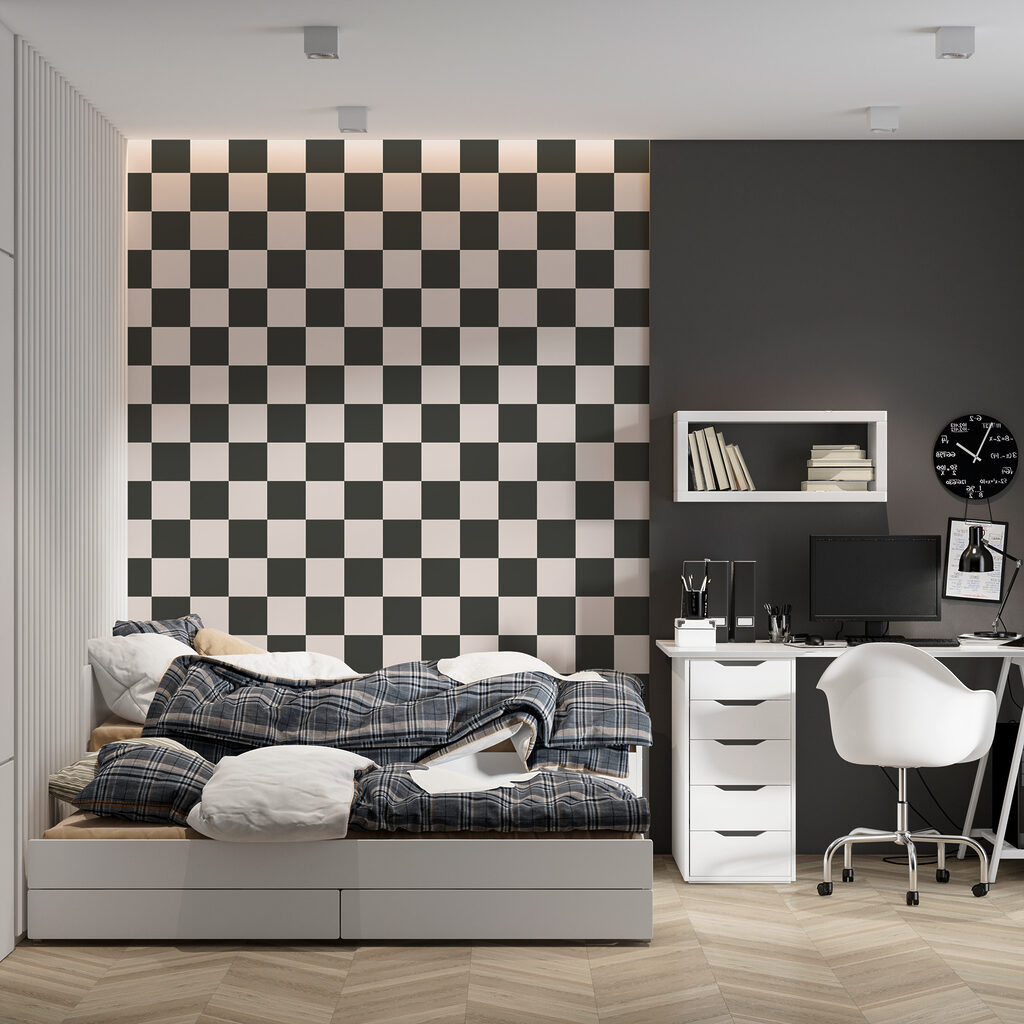 Zwart-wit geruit patroon in een interieur