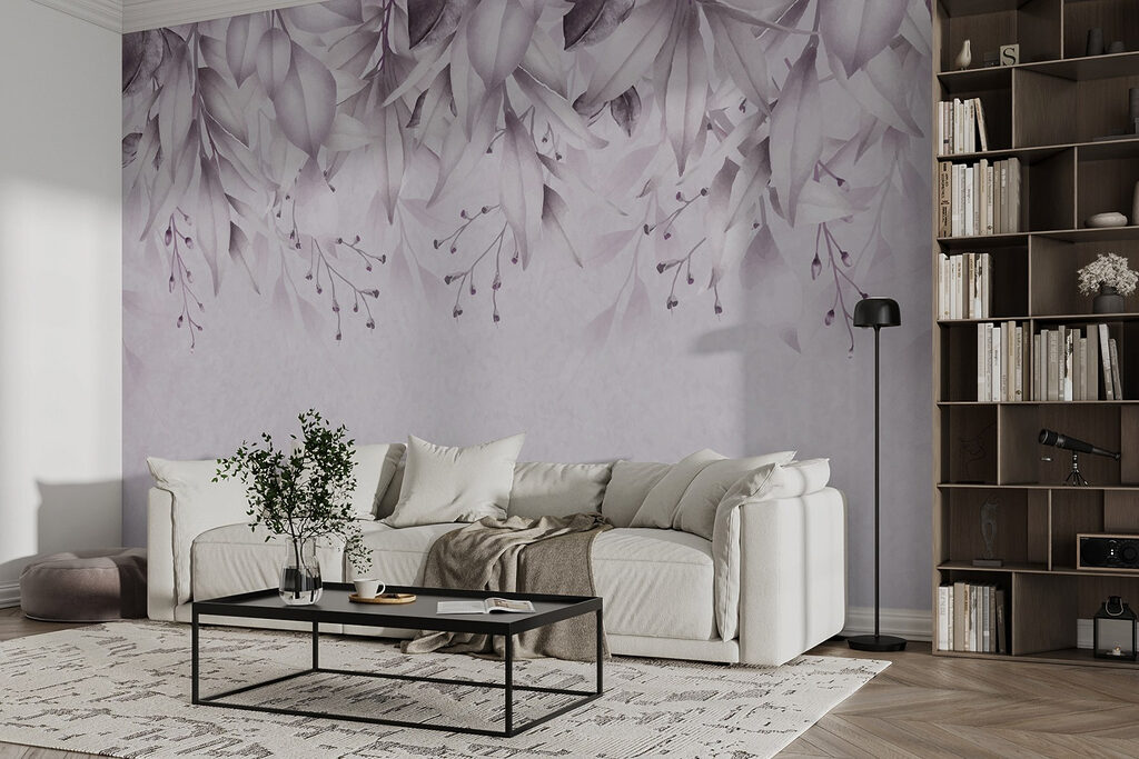 Fijne blaadjes in zachte pasteltinten in een interieur