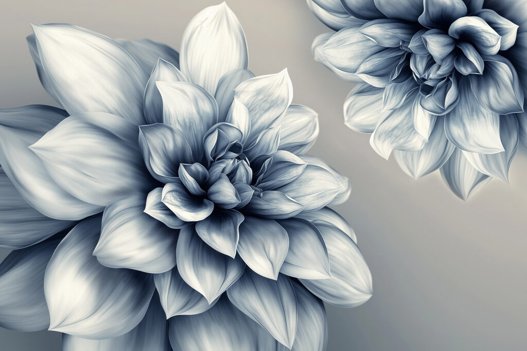 Blauwgrijze dahlia's in licht — volledig ontwerp