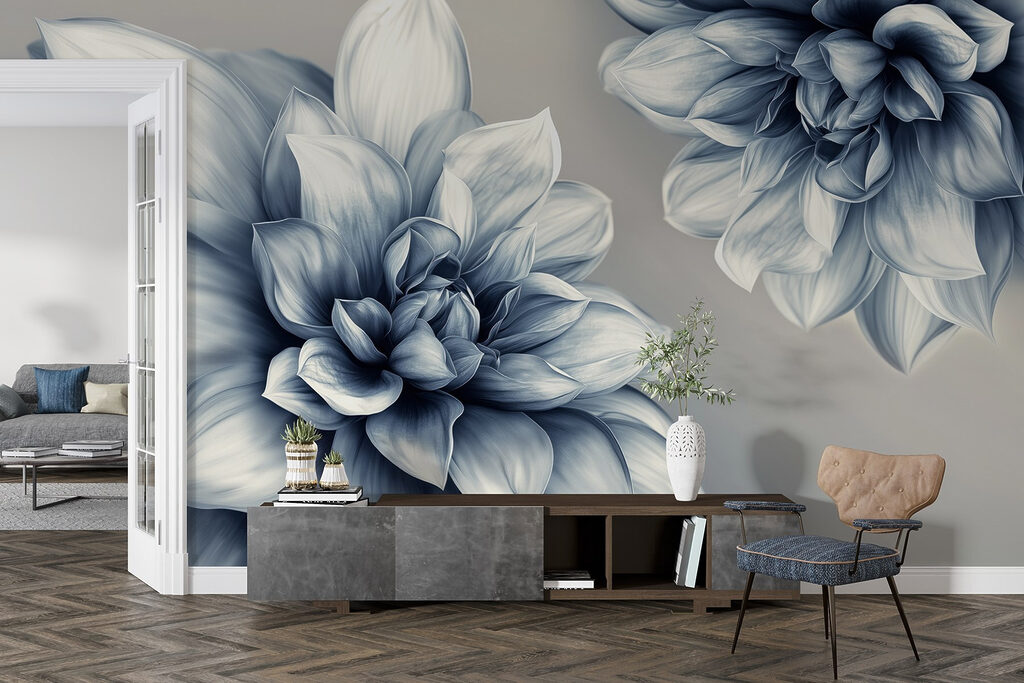 Blauwgrijze dahlia's in licht — interieur 4