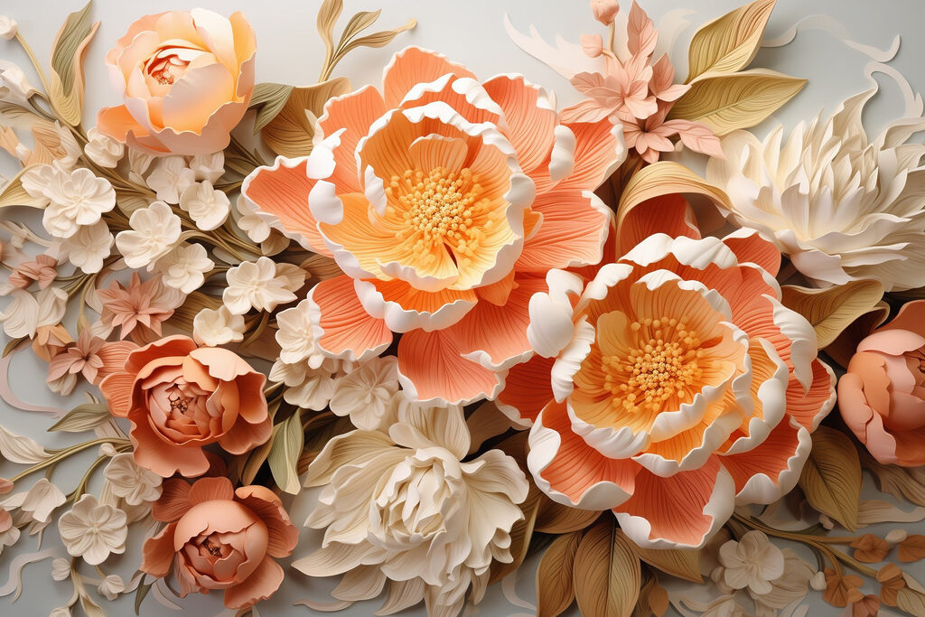 Perzikkleurige bloemen in reliëflagen — volledig ontwerp