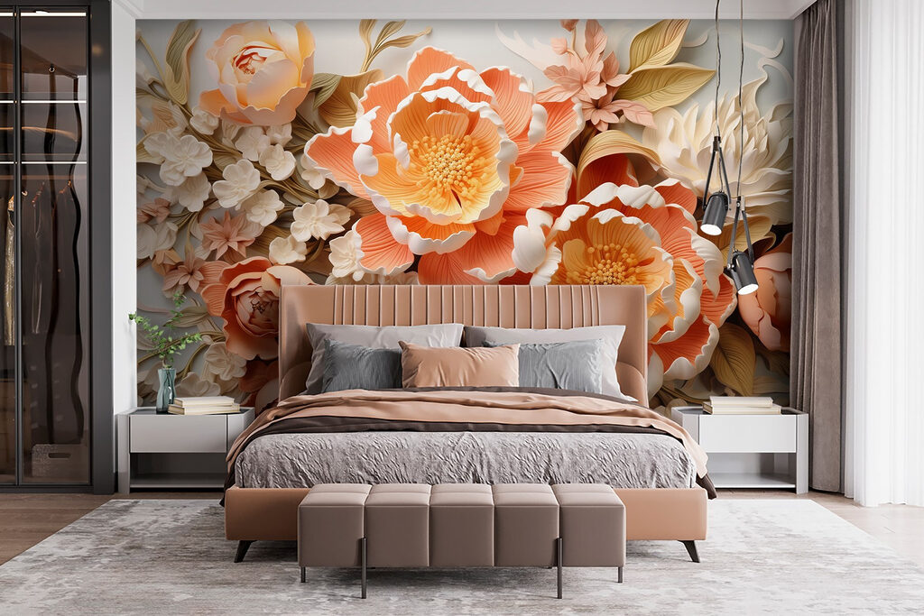Perzikkleurige bloemen in reliëflagen — interieur 1