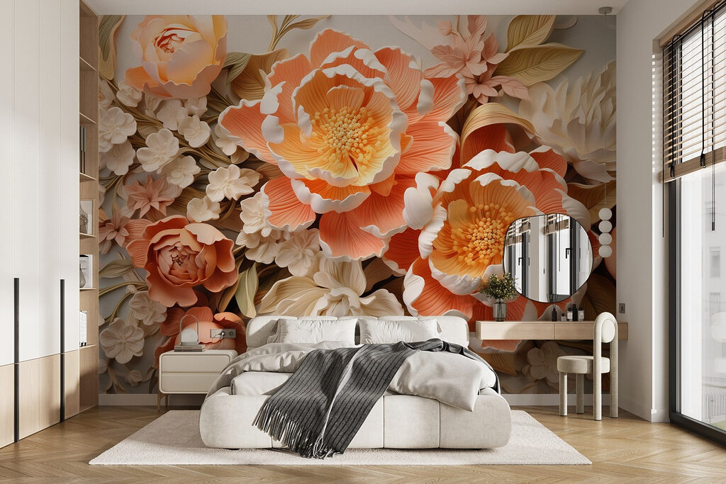 Perzikkleurige bloemen in reliëflagen — interieur 2