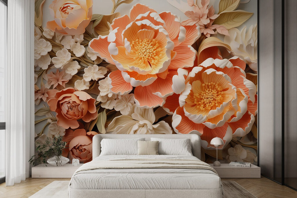 Perzikkleurige bloemen in reliëflagen — interieur 3