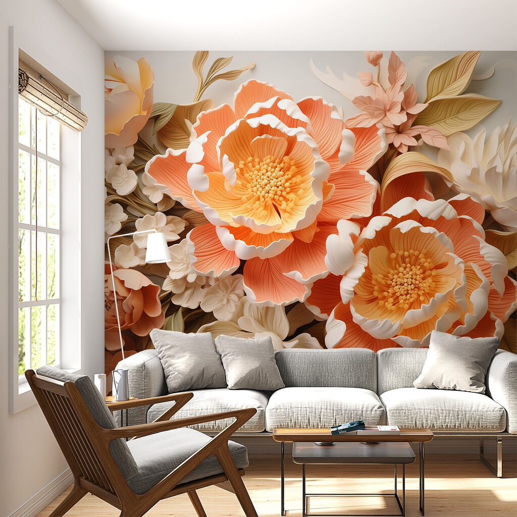 Perzikkleurige bloemen in reliëflagen — interieur 4