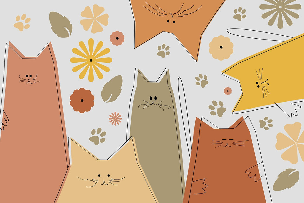 Katten tussen warme bloemvormen — volledig ontwerp