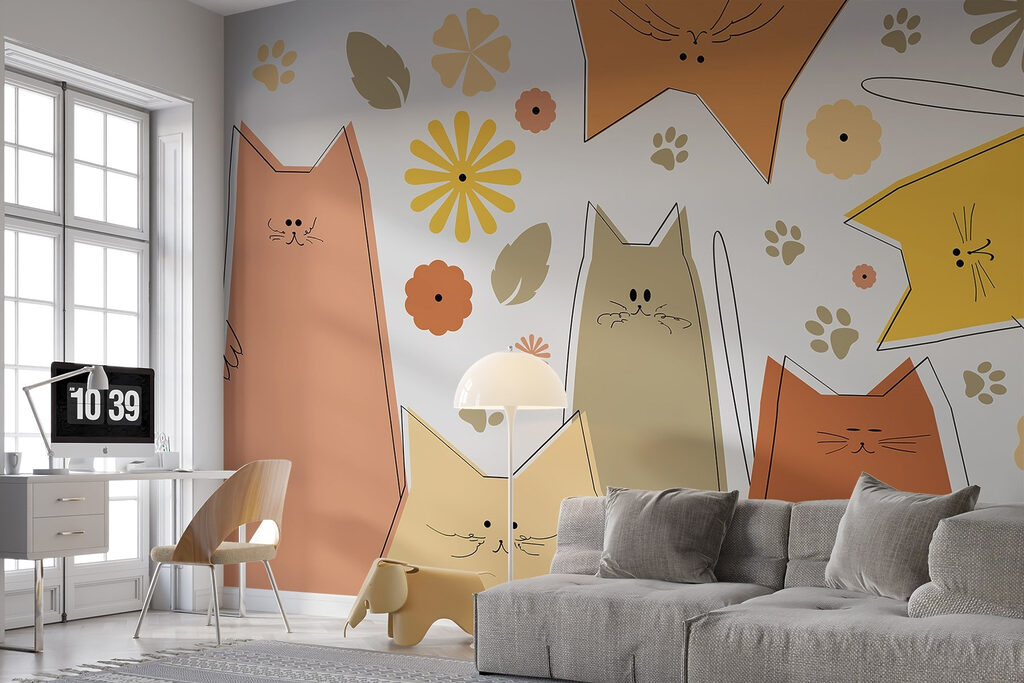 Katten tussen warme bloemvormen — interieur 1