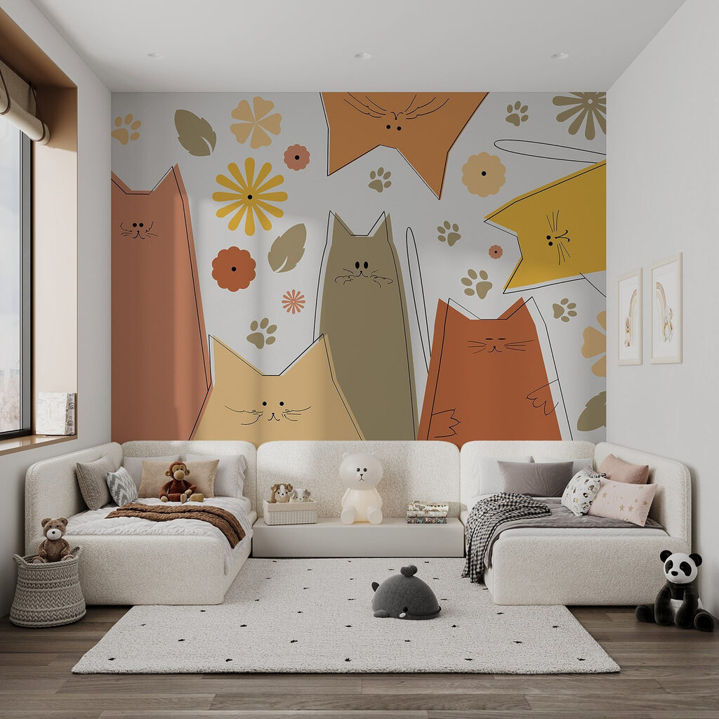 Katten tussen warme bloemvormen — interieur 2
