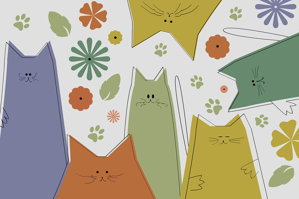 Groep katten met bloemen en bladeren — volledig ontwerp