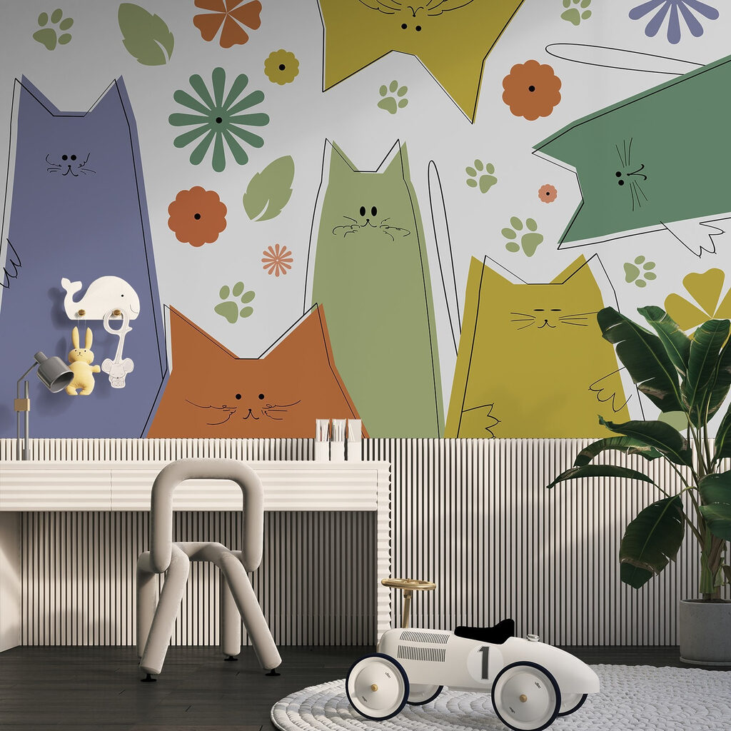 Groep katten met bloemen en bladeren in een interieur