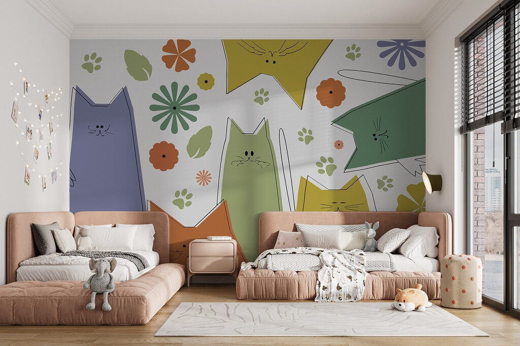 Groep katten met bloemen en bladeren — interieur 2