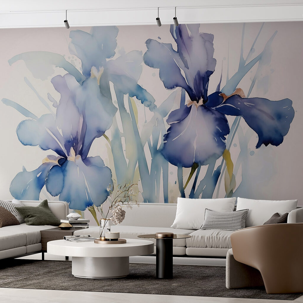 Blauwe irissen in verf — interieur 1