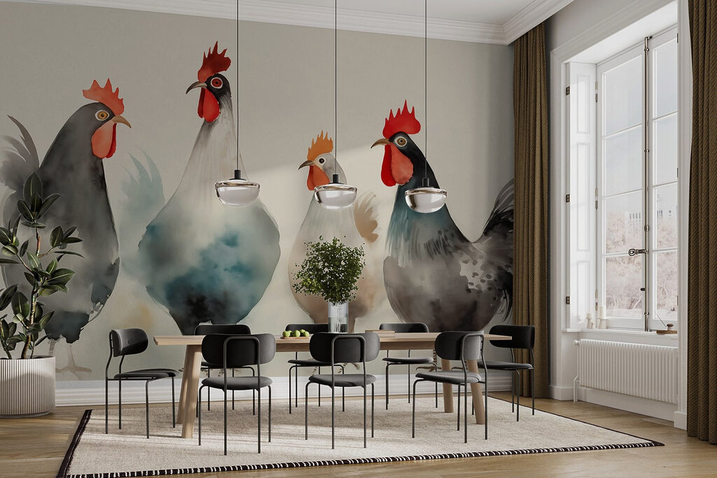 Kippen in zachte aquarel — interieur 1