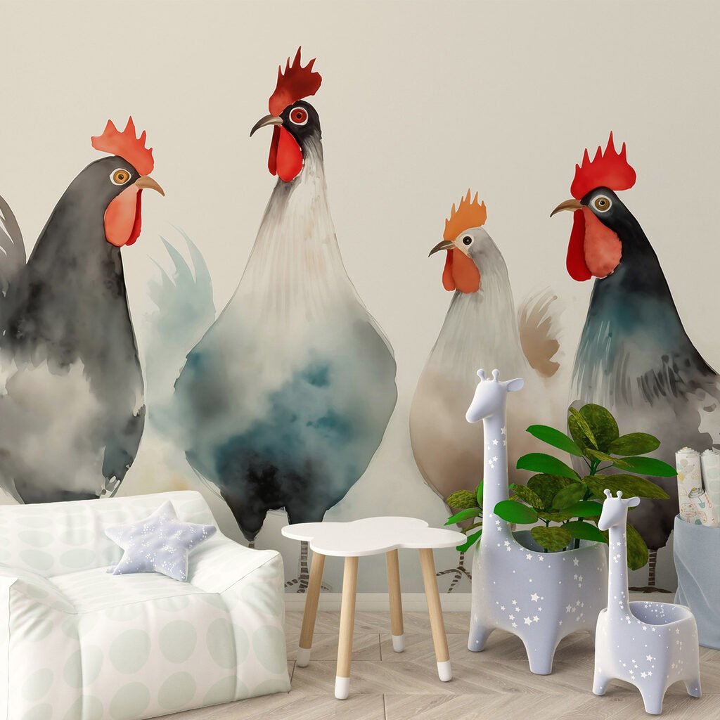 Kippen in zachte aquarel — interieur 2