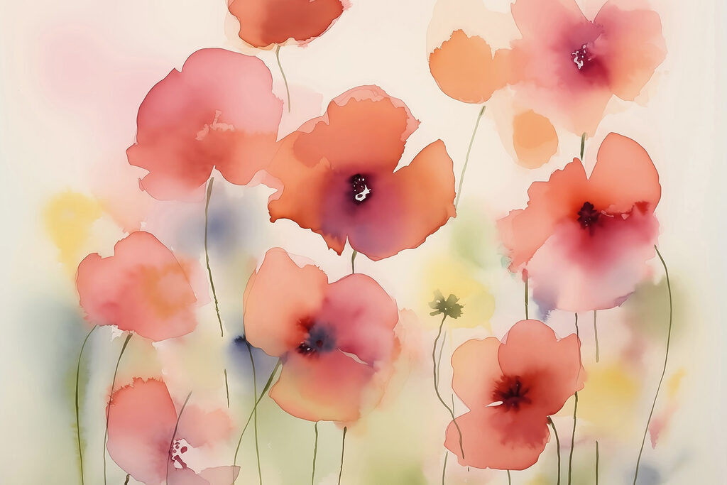 Koraalroze bloemen, dunne stelen — volledig ontwerp