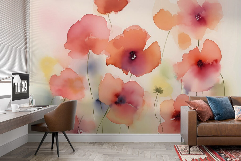 Koraalroze bloemen, dunne stelen — interieur 1