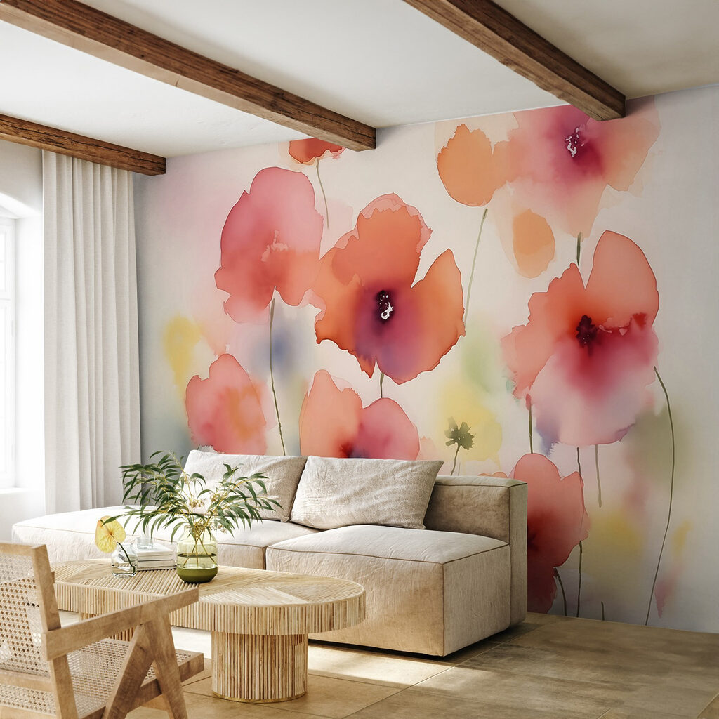 Koraalroze bloemen, dunne stelen — interieur 2