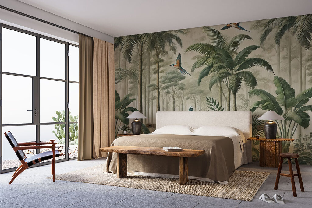 Tropisch paradijs met kleurrijke vogels in een interieur