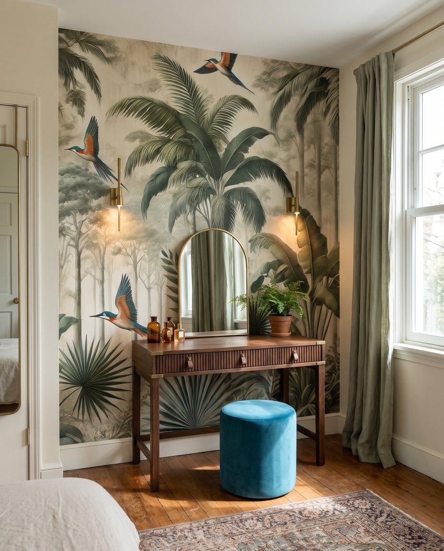 Vogels tussen hoge palmen in een interieur