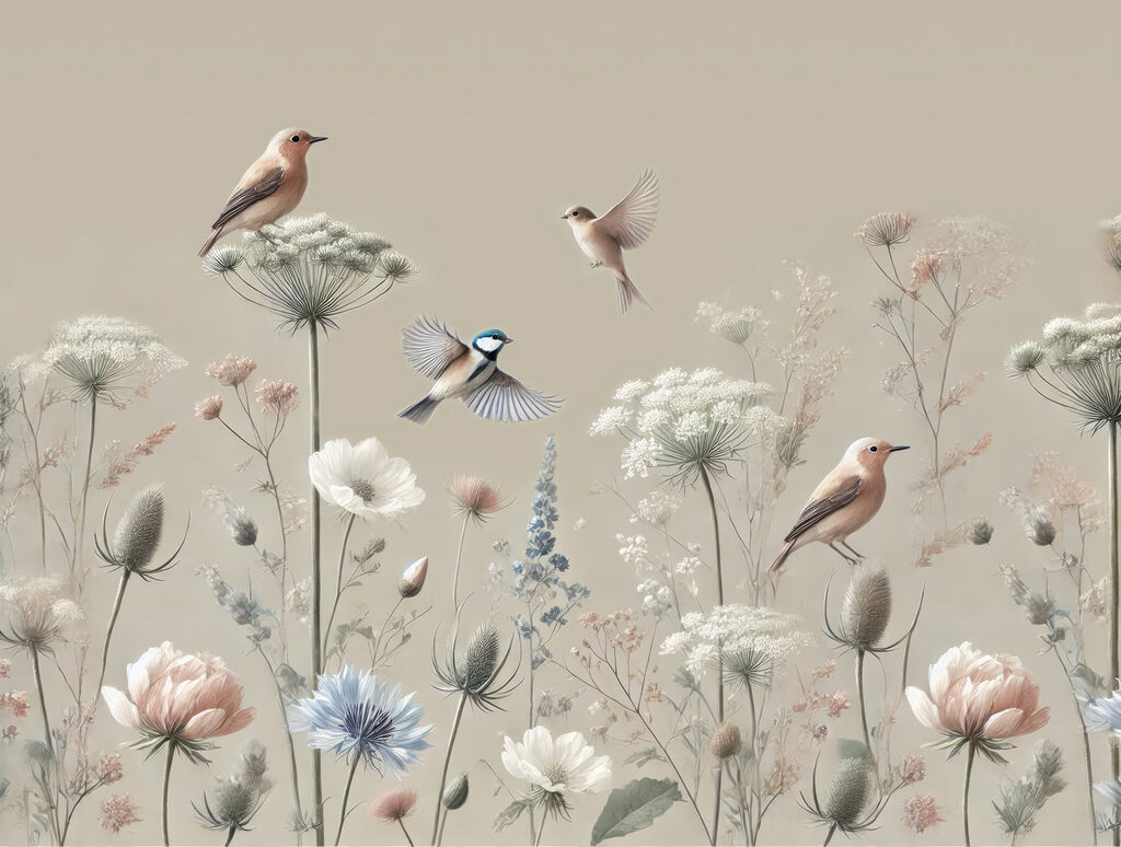 Vogeltjes tussen slanke veldbloemen — volledig ontwerp
