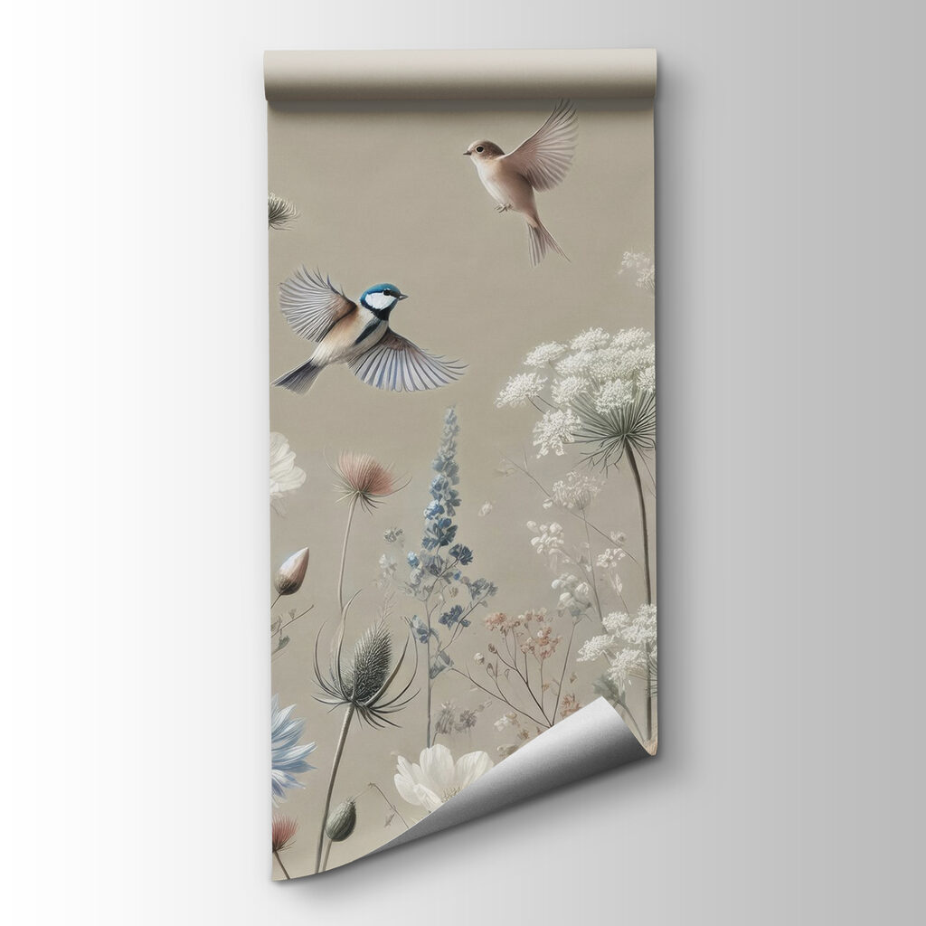 Vogeltjes tussen slanke veldbloemen — productweergave