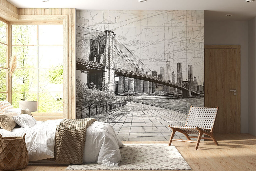Tekening van een brug en een stad in een interieur