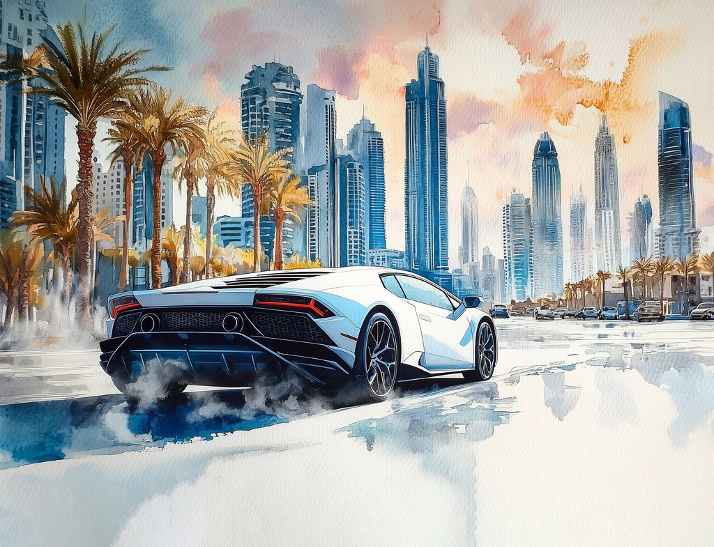 Witte sportauto bij hoogbouw — volledig ontwerp