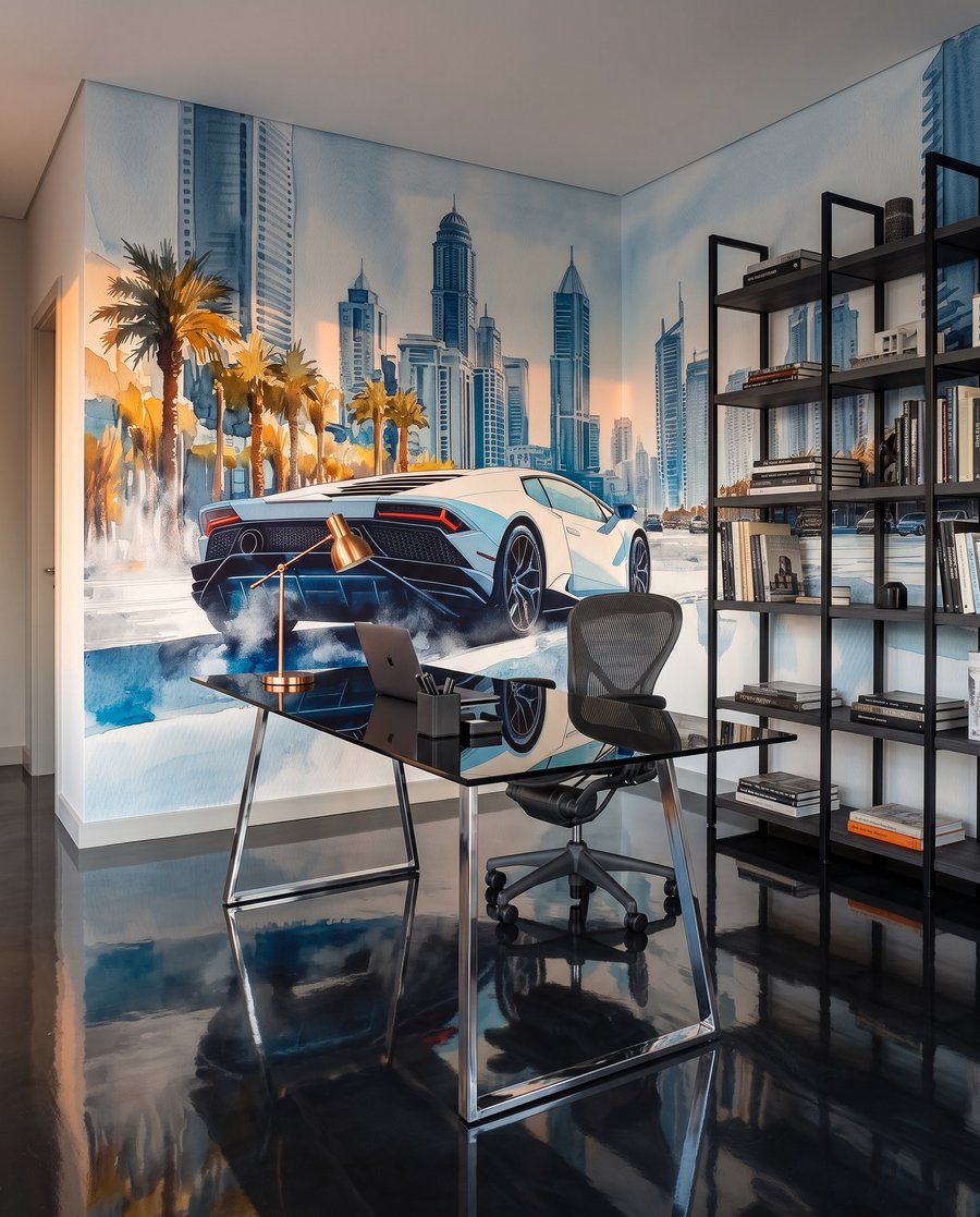 Schilderij van een witte sportwagen rijdend op een weg met palmbomen in een interieur