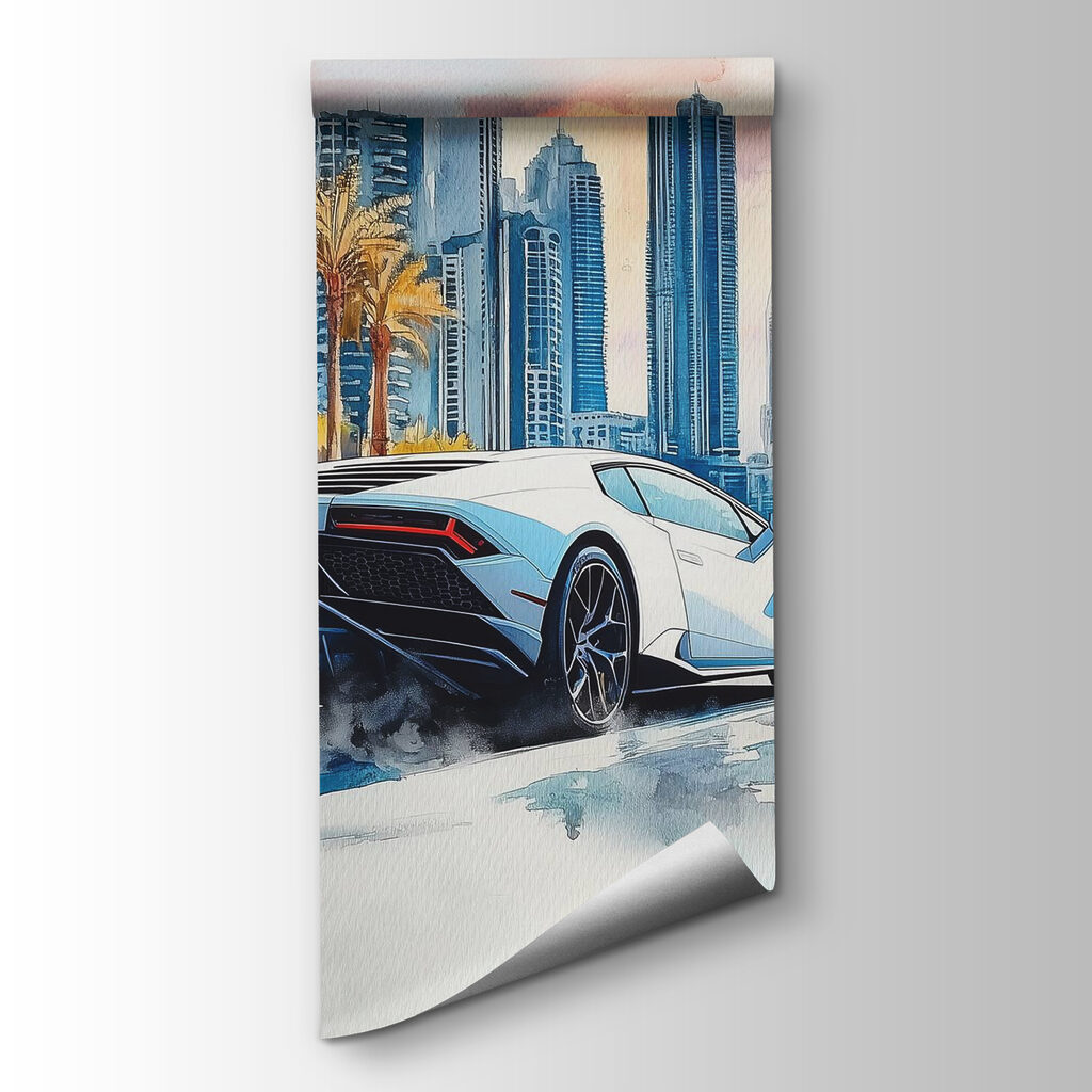 Witte sportauto bij hoogbouw — productweergave