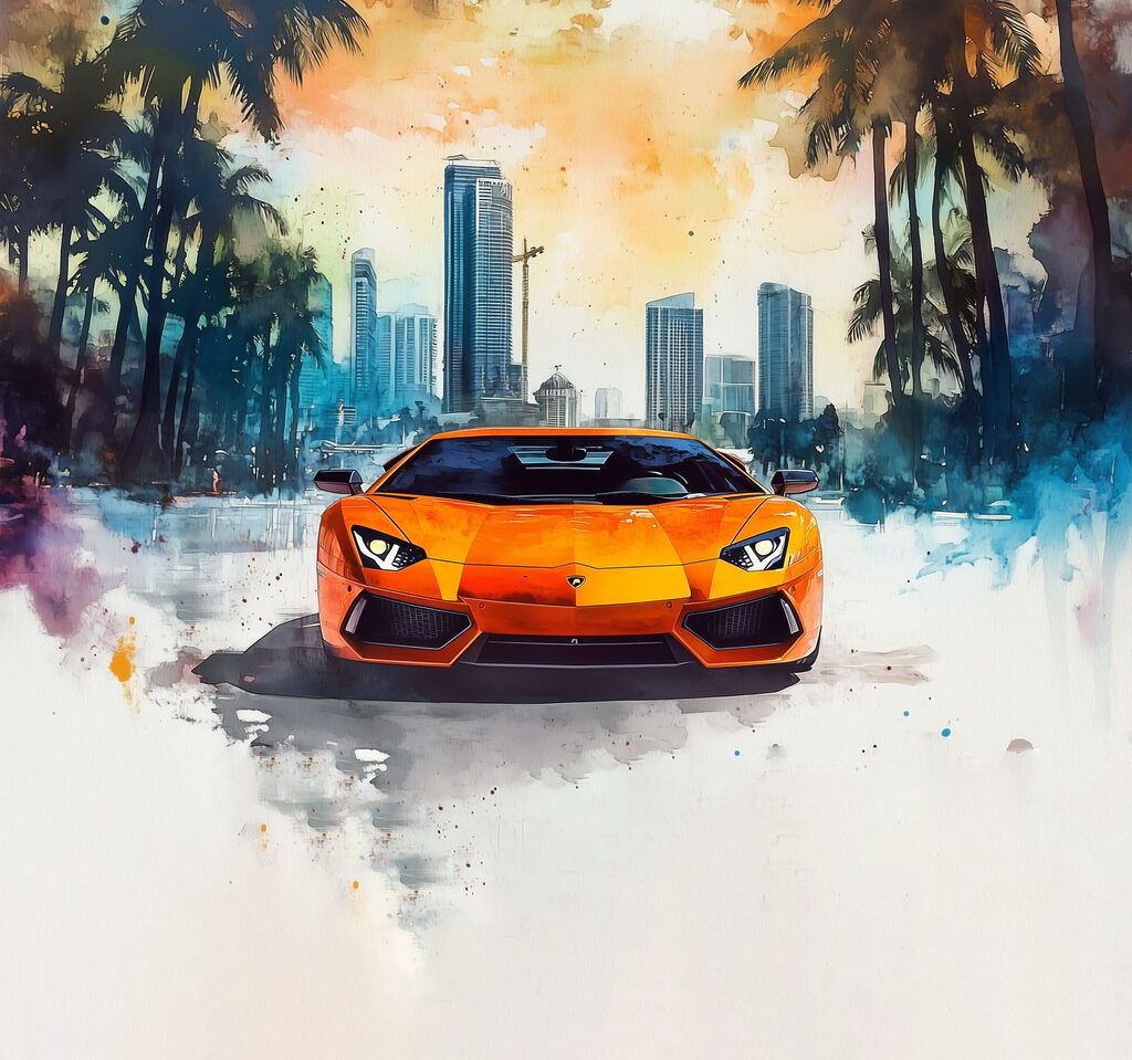 Oranje sportauto onder palmen — volledig ontwerp