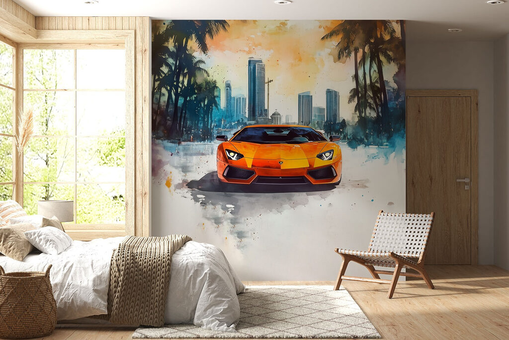 Oranje sportwagen in de sneeuw in een interieur