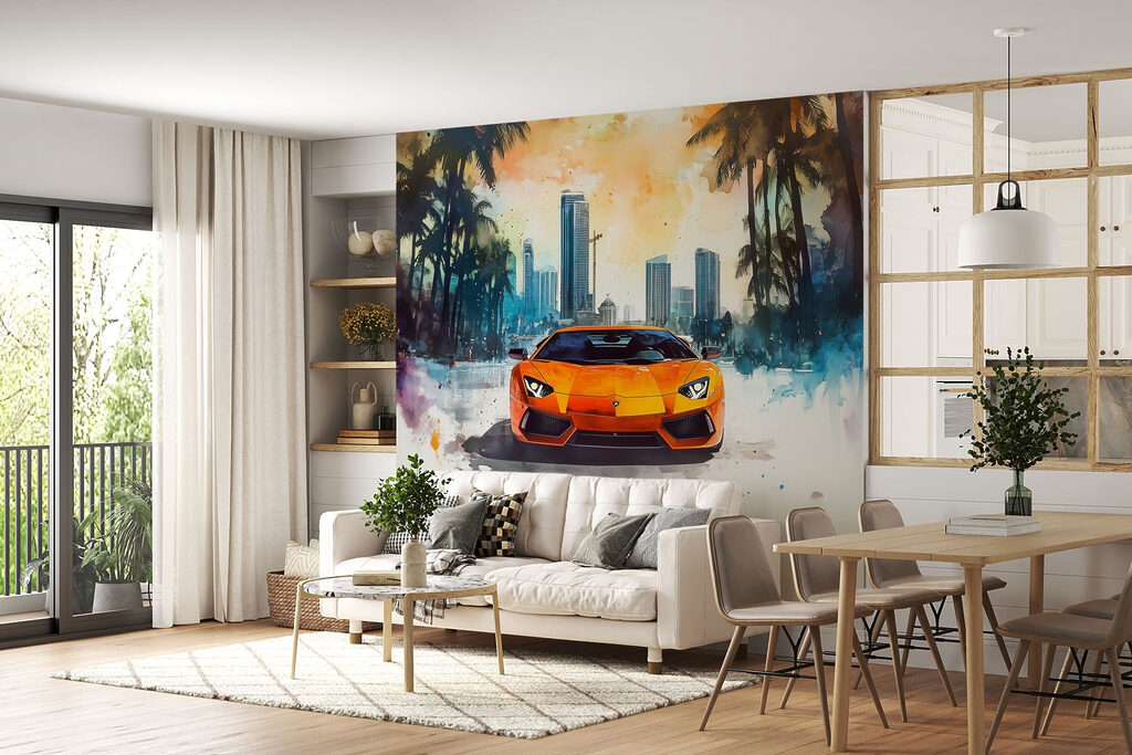 Oranje sportauto onder palmen — interieur 2
