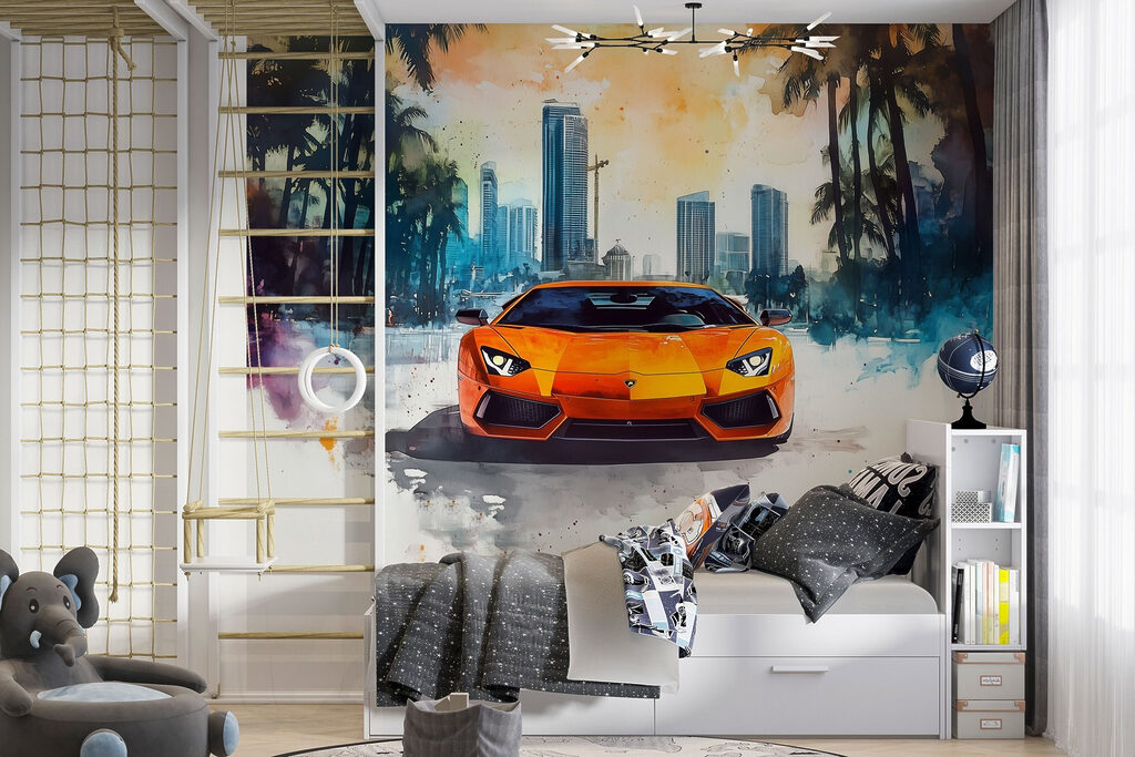 Oranje sportauto onder palmen — interieur 3