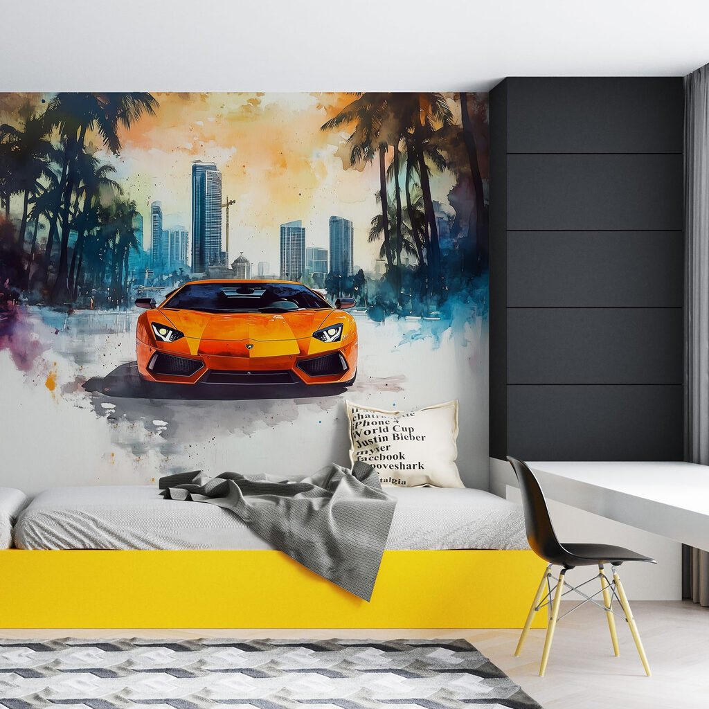 Oranje sportauto onder palmen — interieur 4
